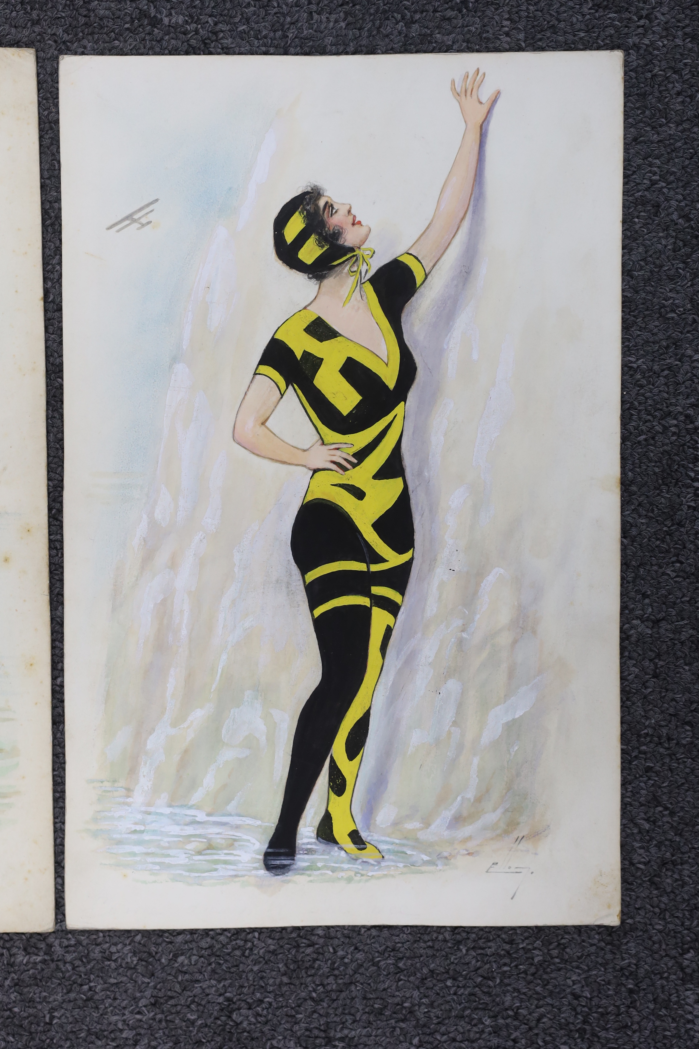 William Henry Ellam (1858-1935), pair of Art Deco heightened watercolours on card, Bathing Girls, original postcard designs, signed, 28 x 18cm, unframed